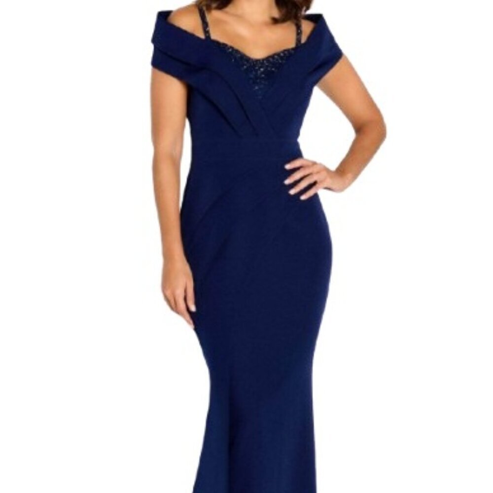 NWT Cameron Blake CB762 Crepe Mother of the Bride Dress Navy Size 14
